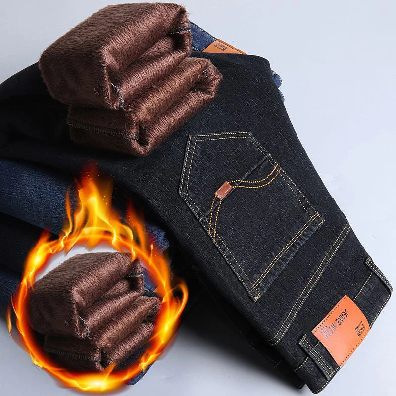 Men Winter Snow Warm Plush  Loose Minimalist Jeans Male Fleece Lined ThickenedStraight Denim Pants Slim Fit Elasticity Trousers
