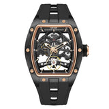MEGIR Men Wristwatch Fashion Black Waterproof Automatic Mechanical Watch with Luminous Hands Silicone Strap Tonneau Dial 2242