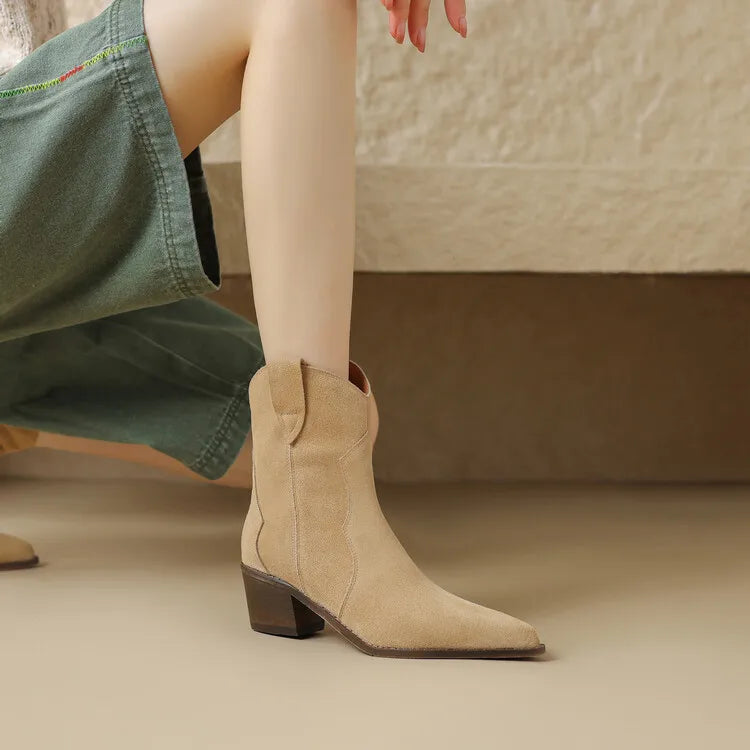 2026 Autumn Cow Suede Women Boots Pointed Toe Chunky Heel Boots for Women Fashion Short Boots Winter Boots Women Western Boots