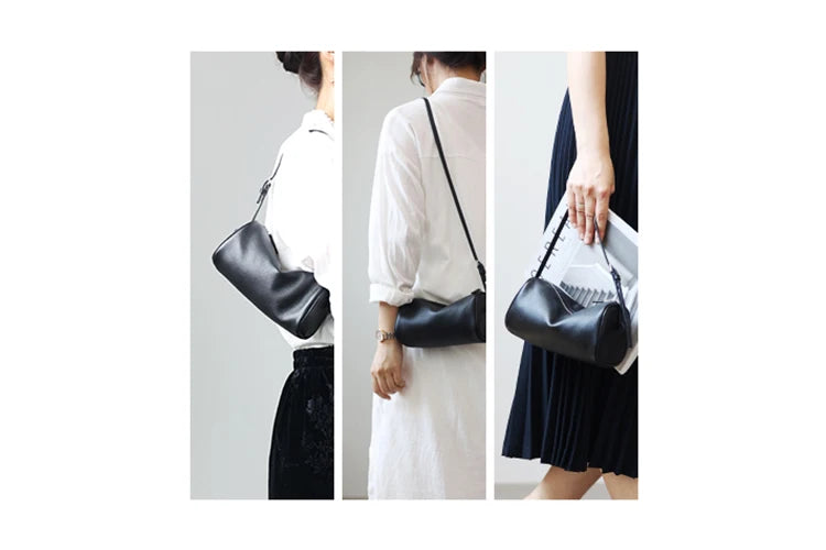 Full Grain Leather Soft Balck Small Size Crossbody Bags For Women Luxury Adjustable Shoulder Strap Underarm Bag Portable Handbag
