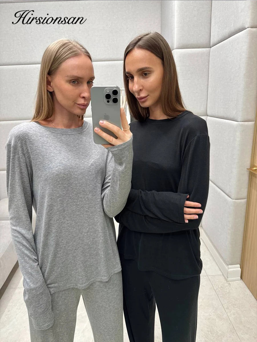 Hirsionsan Modal Soft Loose Sets Women 2026 Casual Two Pieces Long Sleeve T Shirts and High Waist Dresses Outfits Tracksuit