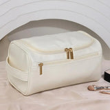 Leather Travel Toiletry Bag for Men Women, Large Capacity Cosmetic Organizer with Hanging Hook, Waterproof Makeup Storage Bag Po