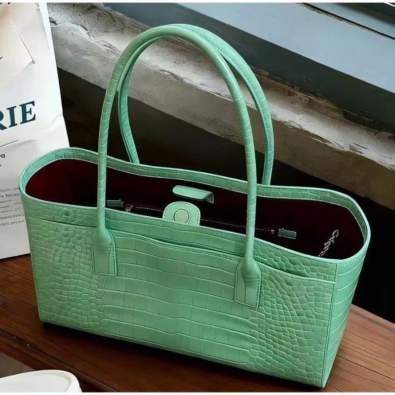 Crocodile Grain Embossed Top Handle Handbag,Luxury Tote Bag,Commute Work Chic Everyday Women Underarm Shoulder Bag,Black,Green