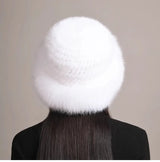 Genuine Knitted Mink Fur Hat with Fox Fur Brim