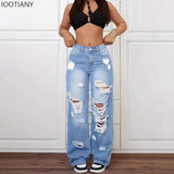 Women's Distressed Wide Leg Jeans | High Waist Denim