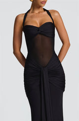 Women’s Halter Backless Maxi Dress – Off-Shoulder Ruched Bodycon Club Party Gown