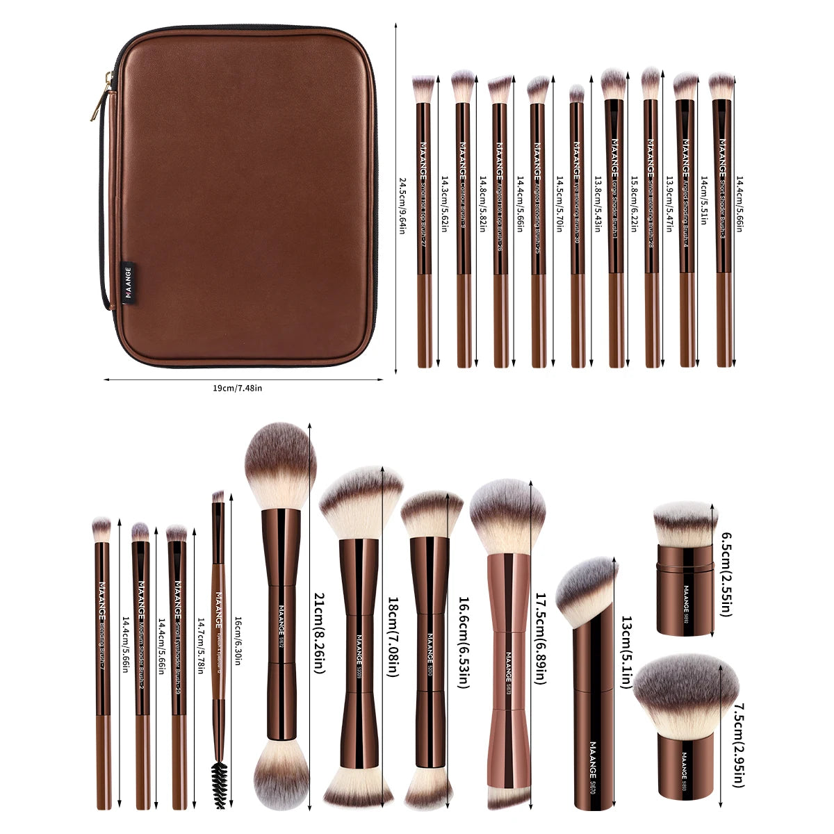 MAANGE Pro Makeup Brush Kit 20pcs Brushes with Storage Bag Dual End Foundation Powder Blush Eyeshadow Brush Beauty Blending Kit