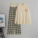Women’s Autumn Color-Block Knit Set | Loose Split Top & Wide Leg Pants