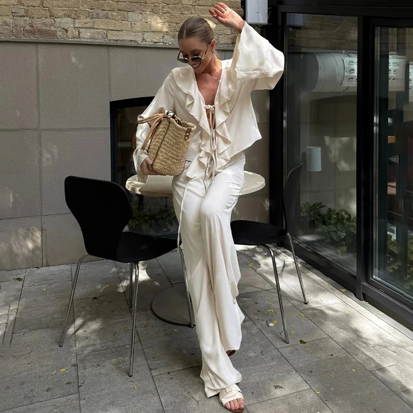 Linad Casual Loose Apricot Outfits Fashion Ruffles Flare Sleeve Blouse With High Waist Pant 2 Piece Sets Summer Long Pants Suits