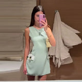 Women's Round Neck Solid Sleeveless Dress Sexy Waist Side Cut-outs Slim Mini Skirt Female New Date Commuter Party Clothes