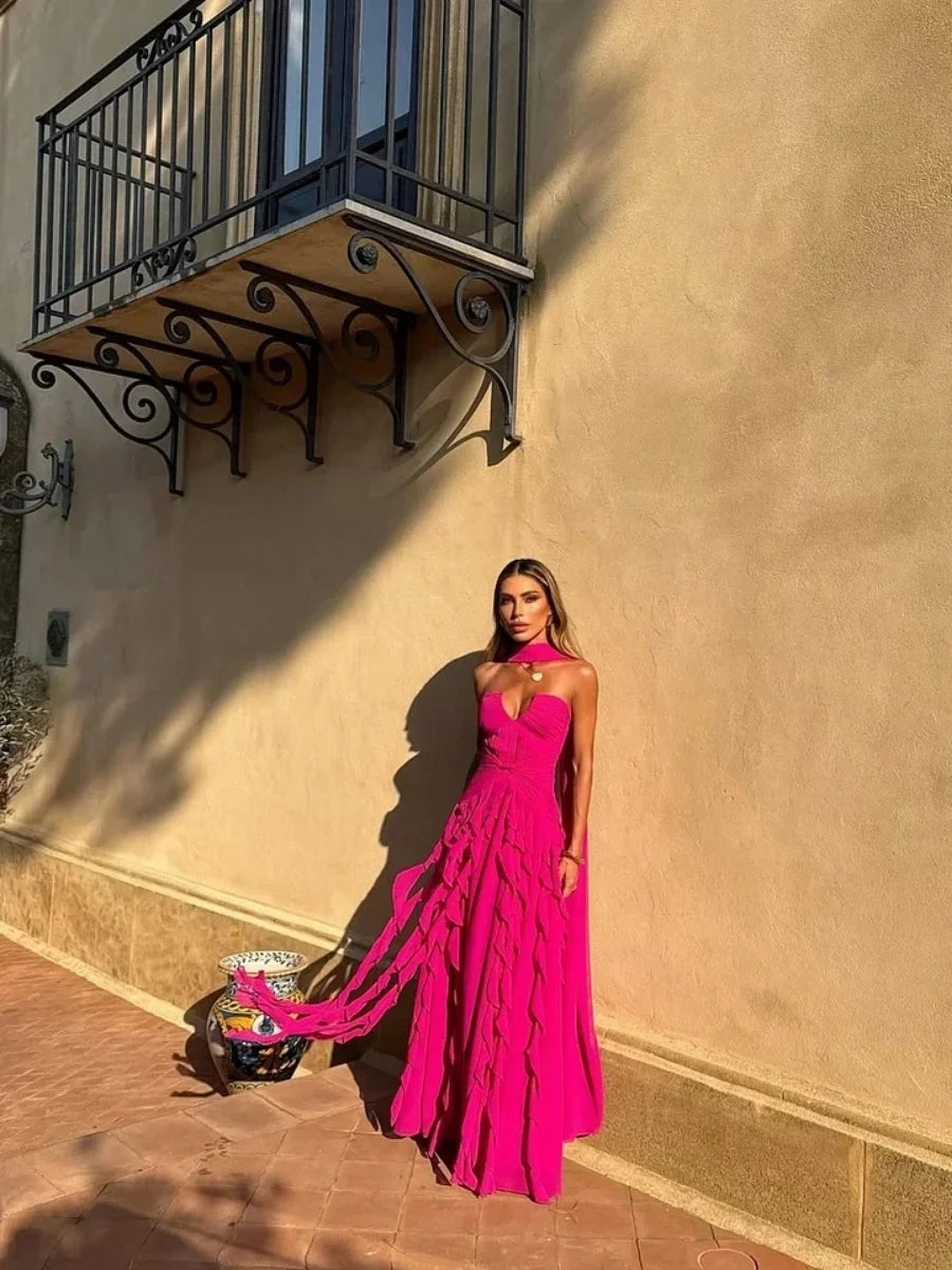 Halter Sweetheart Ruffle Chiffon Evening Gown | Maxi Dress