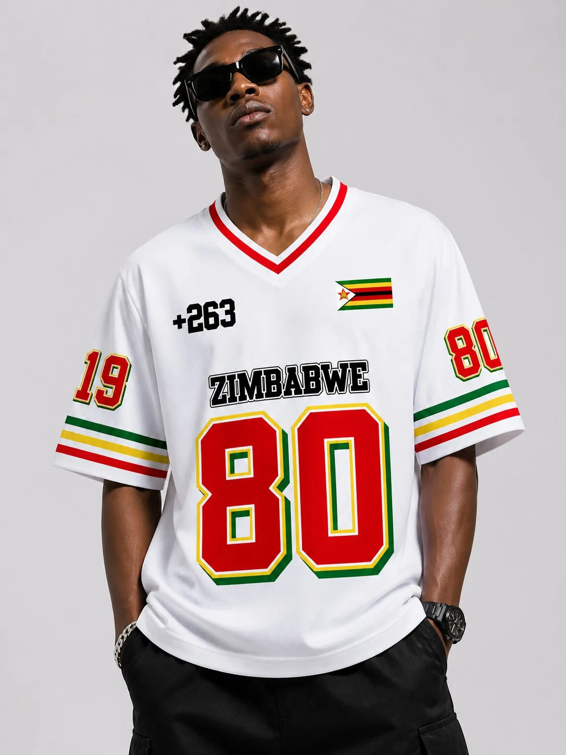 Men's Zimbabwe Flag Print V-Neck T-Shirt
