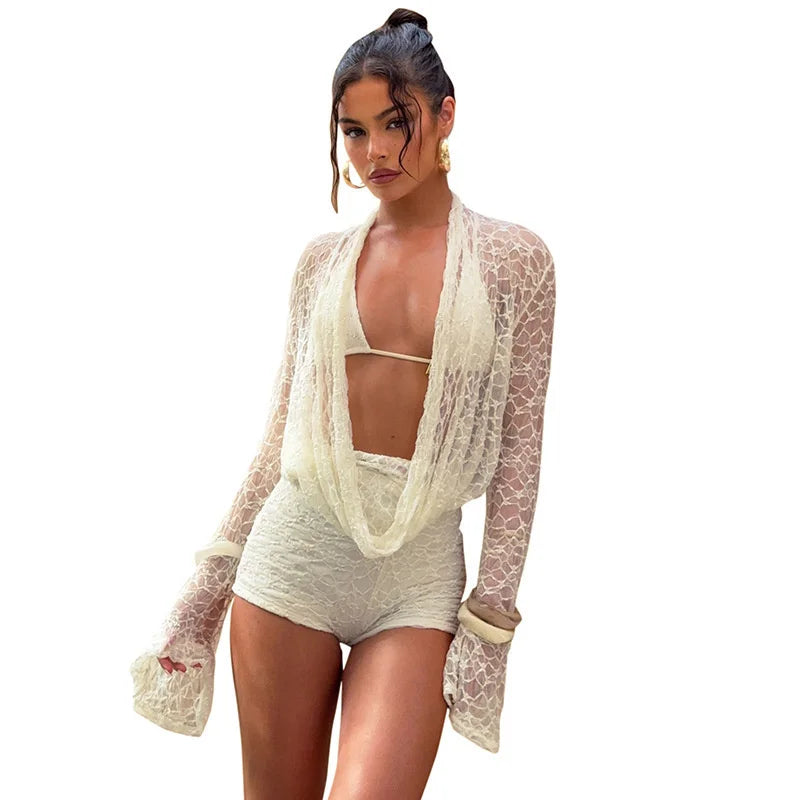 Mozision Lace Two Piece Set Women See Through Long Sleeve T-shirt And Shorts Matching Sets Female Elegant Shorts Two Piece Set