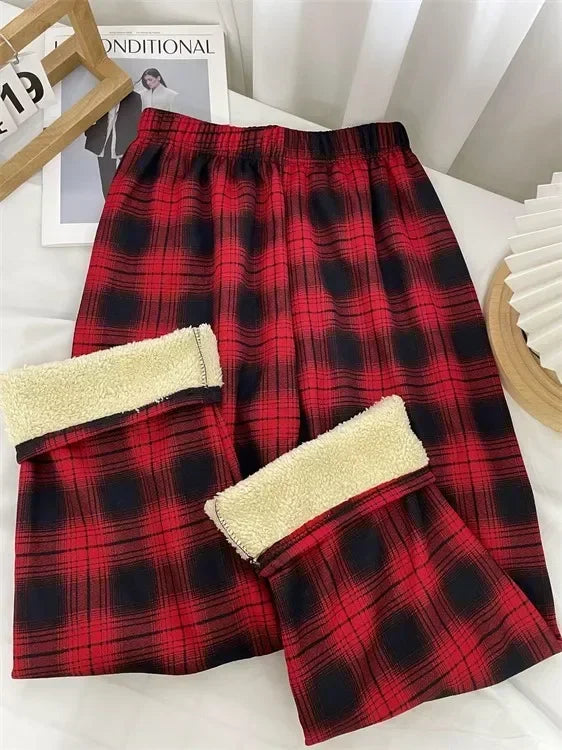 Plaid Plush Wide-Leg Trousers