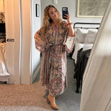 Women V Neck Vintage Vine Print Batwing Sleeve Maxi Dress Drawstring Waist Loose Flare Long Dress Mesh Texture Beach Vacation