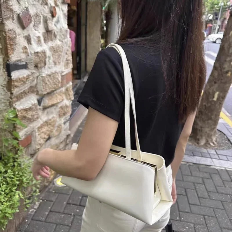 Minimalist Rectangular Frame Handbag Metal Lock Hard Shell Top Handle Bag Elegant Office Commute Shoulder Purse For Women