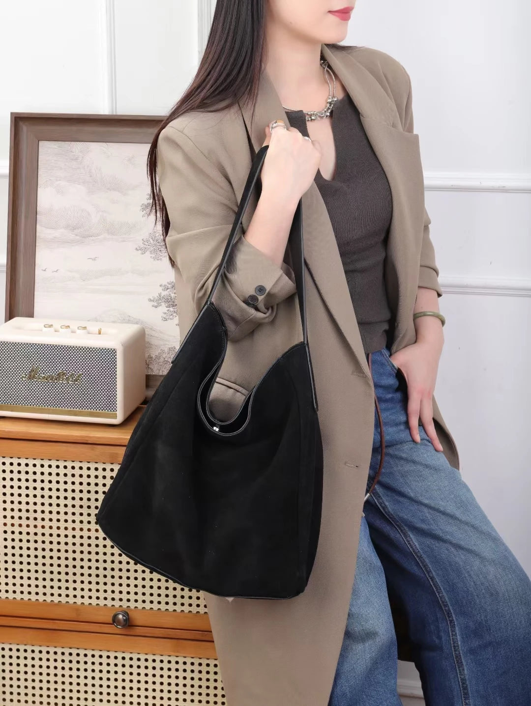Soft Suede Cow Leather Women's Shoulder Crossbody Bags Luxury Designer Brand Ladies High Quality Large Tote Bag Autumn Winter