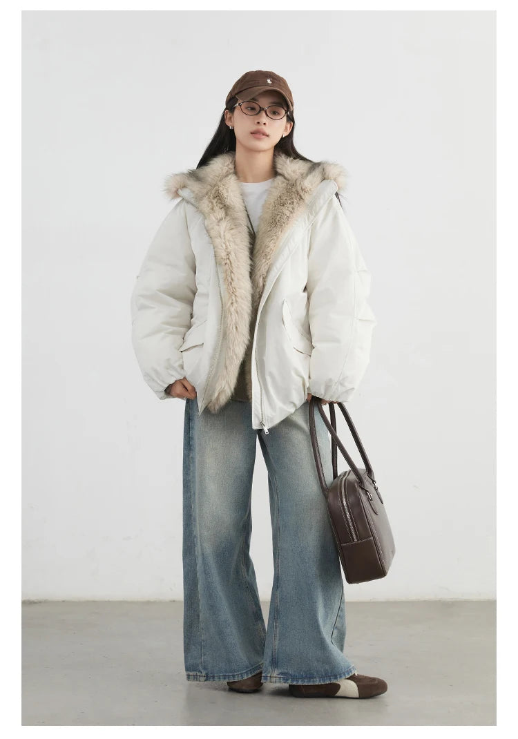 Women's Hooded Down Jacket with Faux Fur Collar