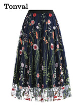 Tonval Floral Embroidered Mesh Midi Skirt – Elegant & Vintage