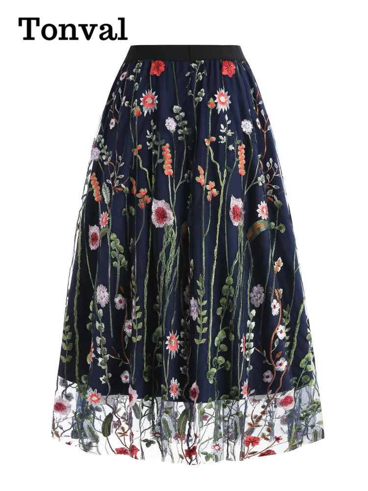 Tonval Floral Embroidered Mesh Midi Skirt – Elegant & Vintage
