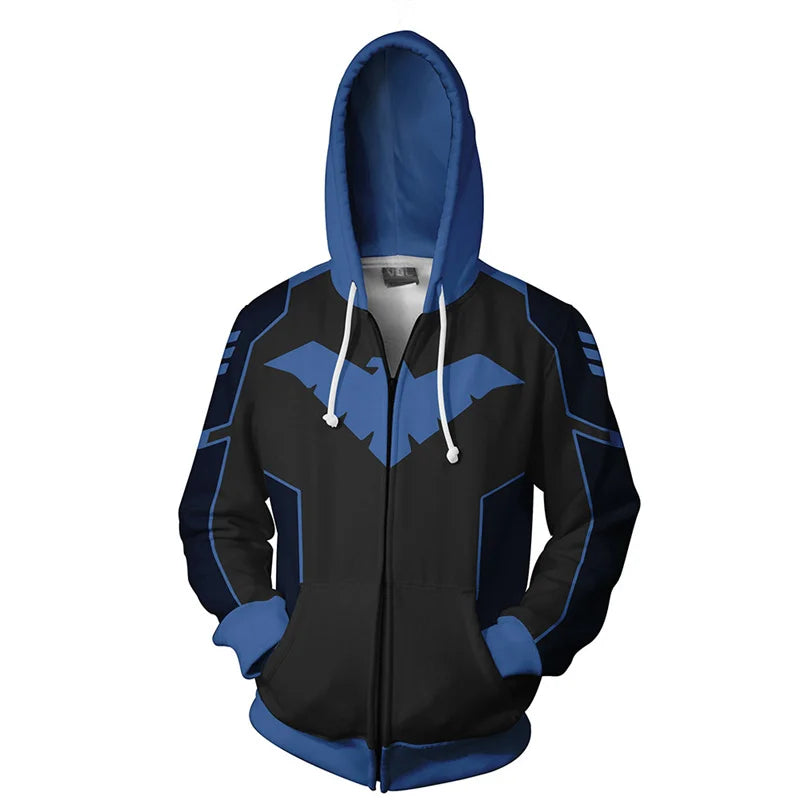 Superhero Nightwing Robin Cosplay Hoodie Costume Sweatshirt Halloween Zipper Outerwear Casual Hoodies Cosplay Costume Jackets