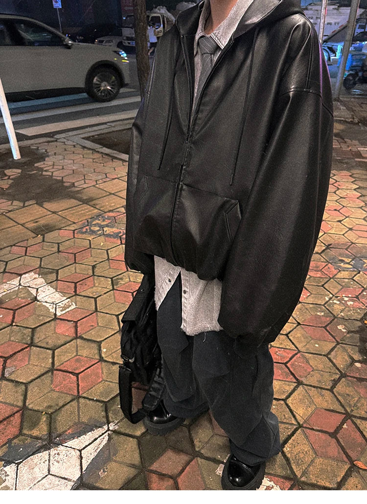 Men’s Oversized Hooded Faux Leather Jacket