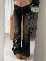Weekeep Floral Embroidery Low Rise Flared Jeans Women