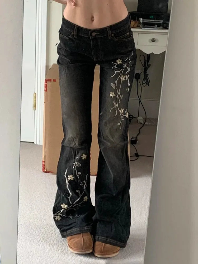 Weekeep Floral Embroidery Low Rise Flared Jeans Women