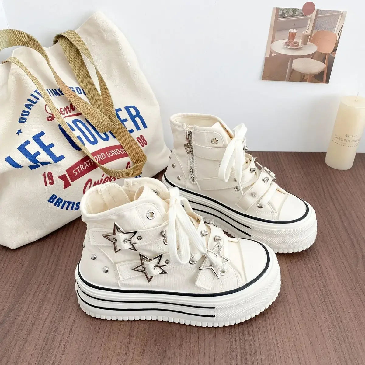 Women's High-Top Canvas Platform Sneakers — Rivet Buckle Lace-Up