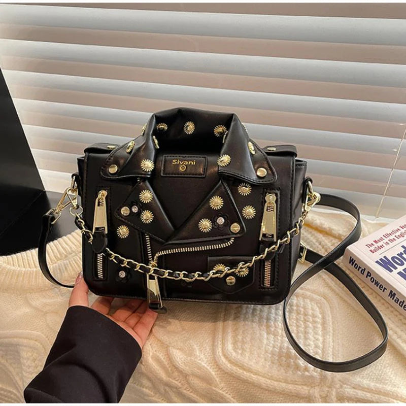 Jacket Collar Shaped Crossbody Shoulder Bag,Women Metal Flower Studded Handbag ,Niche Designer Streetwear Fashion Rivet Tote Bag