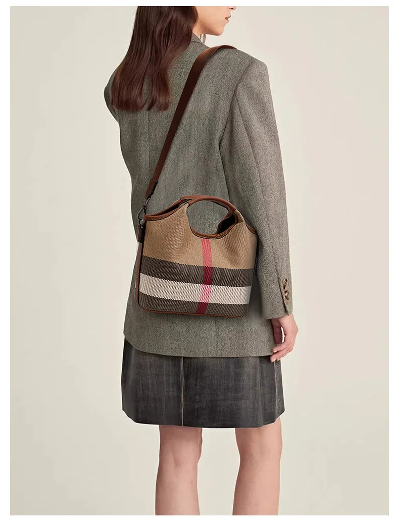Leather plaid handbag, large-capacity mother bag, shopping basket, one-shoulder handbag
