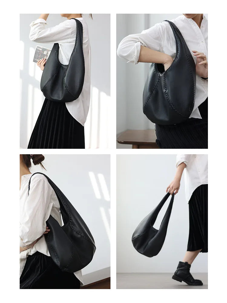 JAZZQ Soft Cowhide Leather Hobo Tote | Hand-Woven Detail