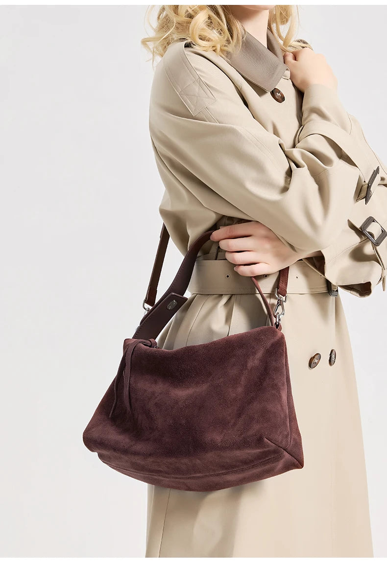 Russian Women's Genuine Suede Cowhide Leather Shoulder Bag Retro Frosted Cow Large Capacity Versatile Commuting Luxury Designer