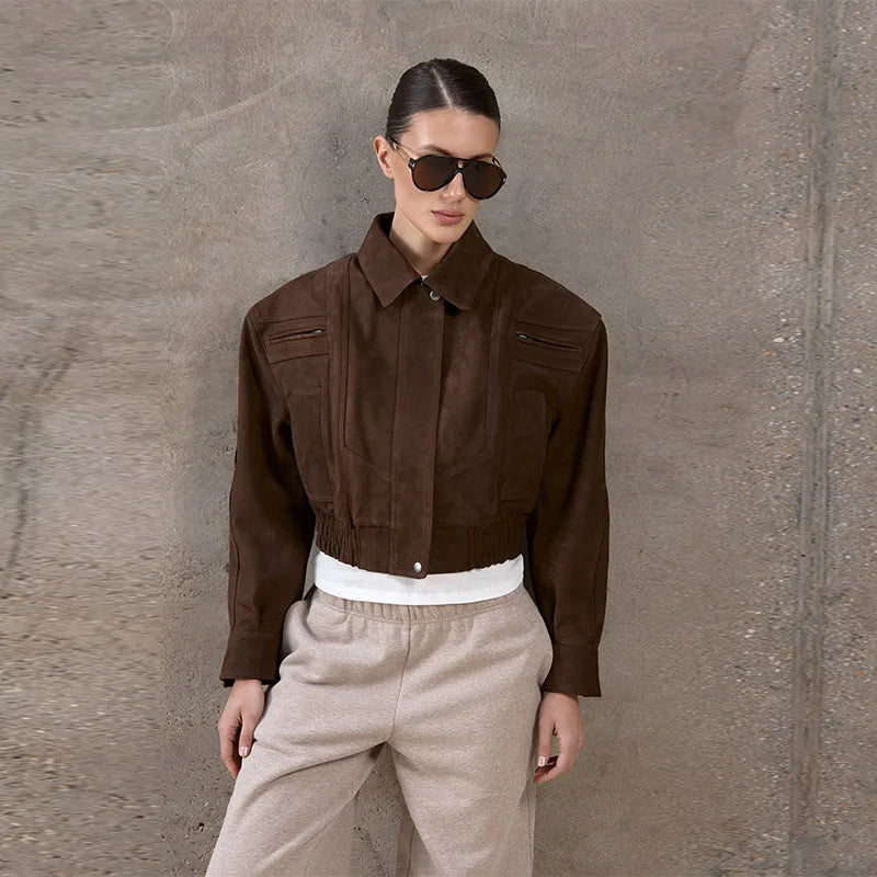 Vintage Suede Jacket For Women Long Sleeve Pocket Turn-down Collar Zipper Short Coat 2025 Autumn Winter Streetwear Lady Outwears