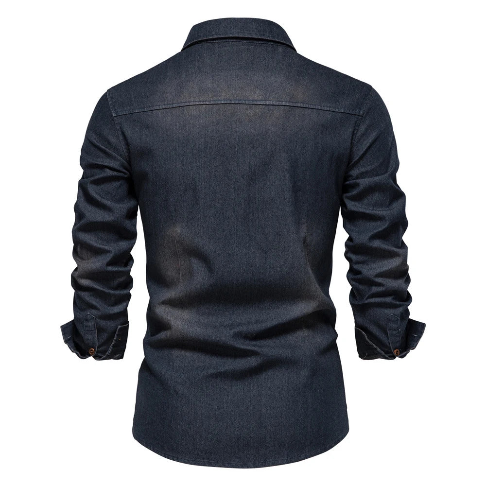 2025 Autumn Cotton Denim Shirts Men Casual Long Sleeve Quality Cowboy Shirt Solid Color Slim Fit Elastic Navy Blue Black Clothes