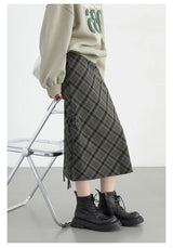 CHIC VEN Women Long Skirt Casual New Sweet Cool Style High Waist Slit Plaid Half Skirt Straight Tube Skirts Spring Autumn 2024