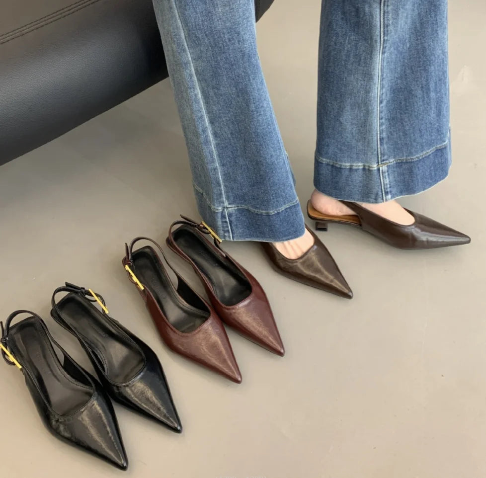 2026 Summer New Women Sandal Fashion Pointed Toe Shallow Slip on Ladies Elegant Slingback Shoes Thin Med Heel Dress Mules Pumps