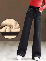 Winter Wide Leg Denim Pants Women Thicken Plush Velvet Lined High Waist Jeans Lace Up Warm Baggy Straight Vaqueros Pantalones