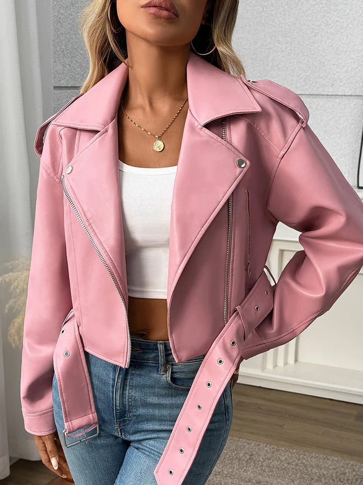 Ailegogo Spring Autumn Women Faux Pu Leather Short Jacket with Belt Motorcycle Biker Female Zipper Lapel Loose Coat Outwear