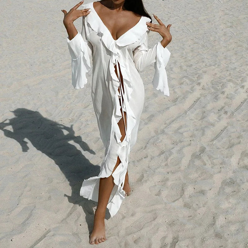 Womens V-Neck Ruffled Chiffon Beach Tunic - Long Sleeve Sunscreen Cover-Up Dress