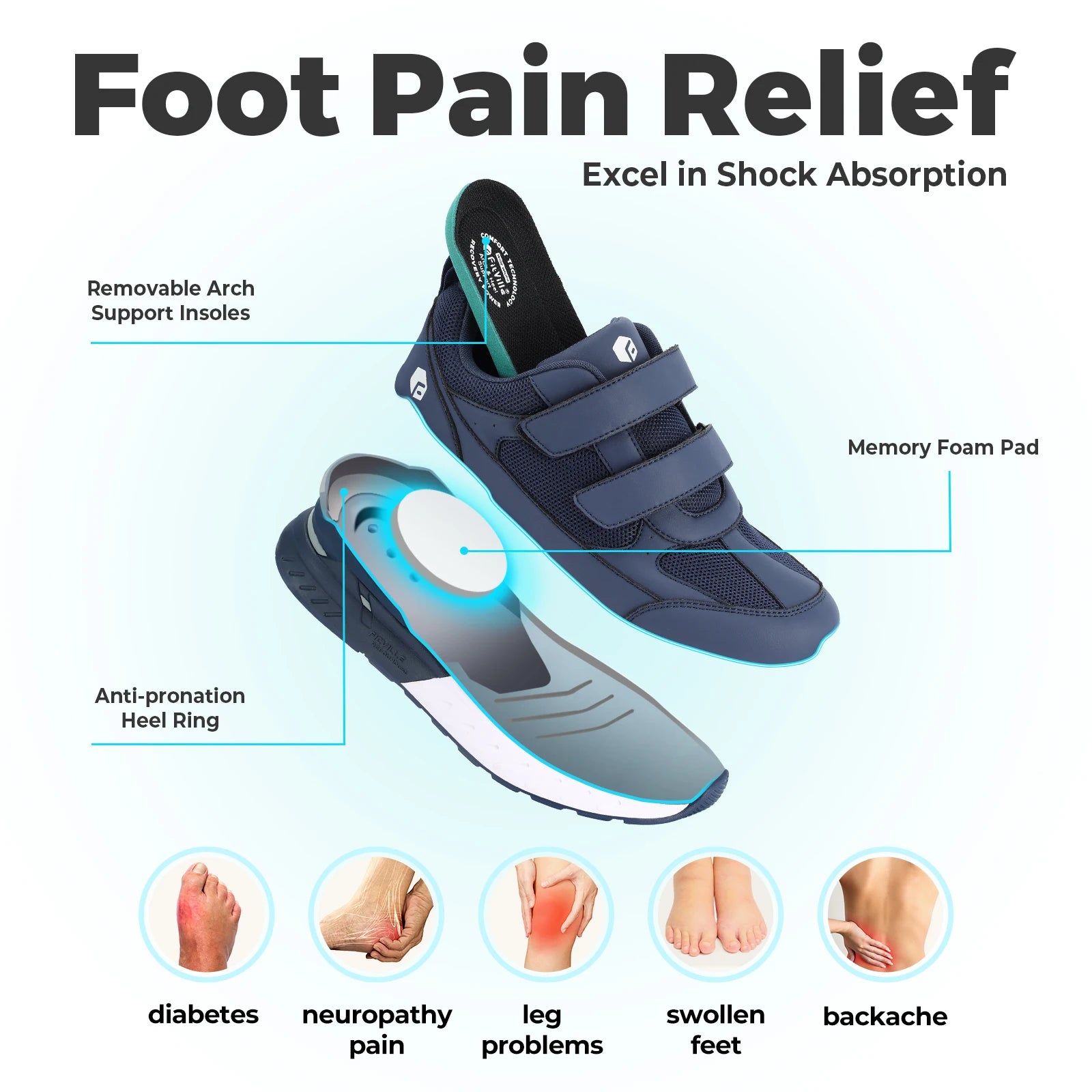 FitVille Diabetic Shoes for Men Extra Wide Width Adjustable Closure Walking Shoes Slip-on Sneakers for Foot Pain Relief Swollen