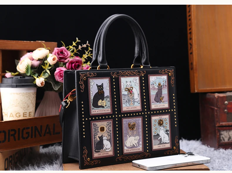 Vintage Luxury Leather Tote – Designer Cat Embroidery Shoulder Bag