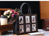 Vintage Luxury Leather Tote – Designer Cat Embroidery Shoulder Bag