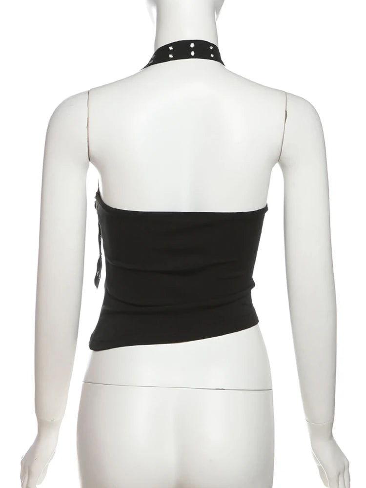 Nibber Sexy Hollow 3-Piece Set Women Hollow Biased Collar Backless Vests+Rivet Waistband+Simple Solid Shorts Slim Midnight Suits