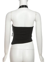 Nibber Sexy Hollow 3-Piece Set Women Hollow Biased Collar Backless Vests+Rivet Waistband+Simple Solid Shorts Slim Midnight Suits