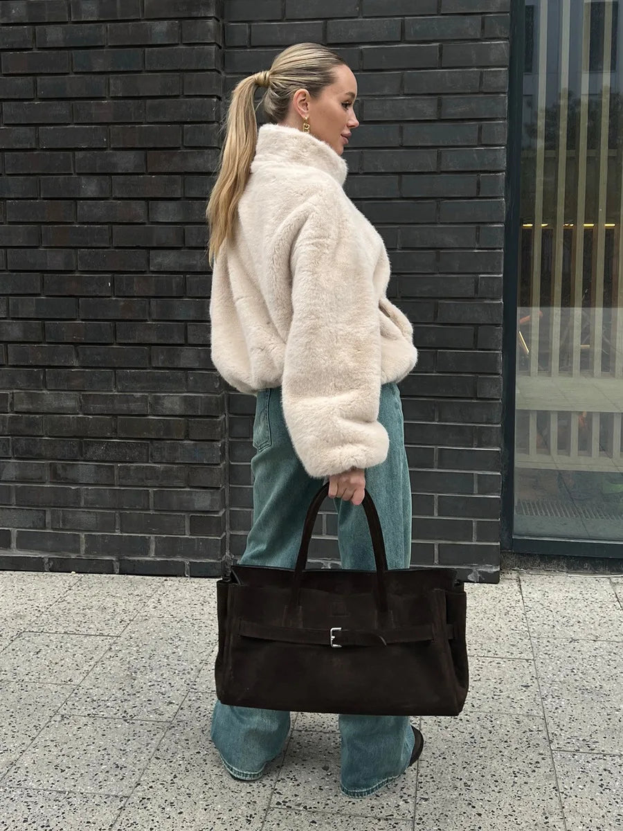 Bornladies New Women's Faux Fur Jacket Zipper Warm Plush Coat Oversized Soft Fluffy Stand Up Collar Autumn Winter Casual Jacket