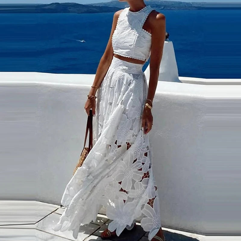 Elegant Boho Lace Embroidery 2-Piece Set | Sleeveless Crop Top & Maxi Skirt