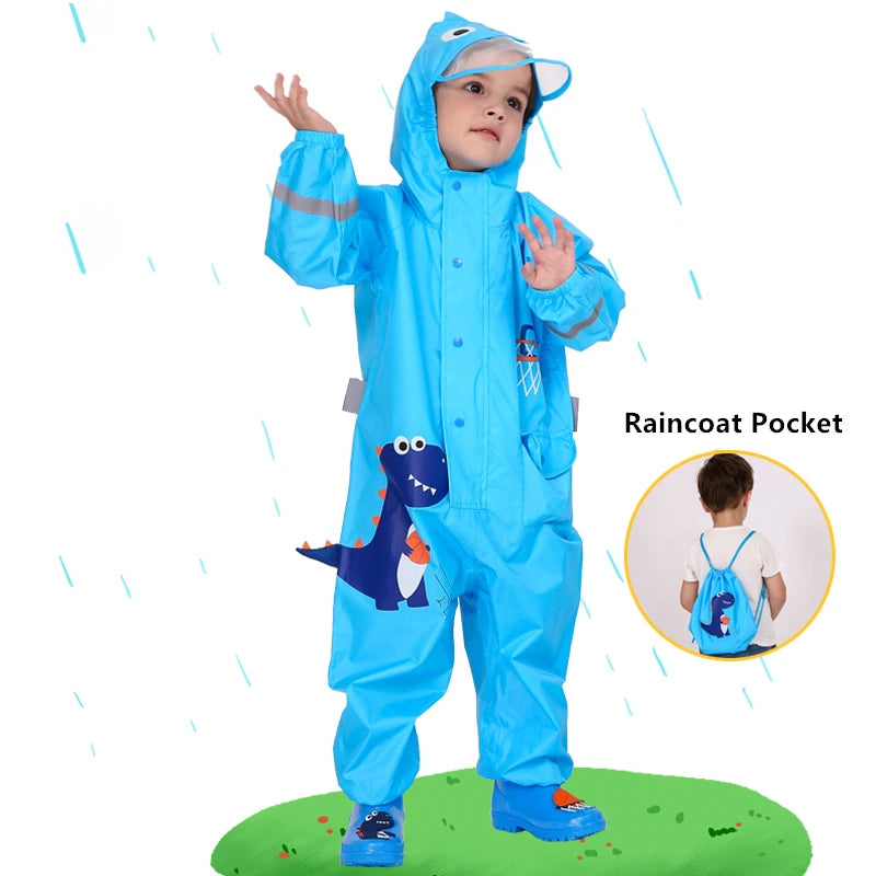 Kids Waterproof Dinosaur Raincoat – Hooded Jumpsuit