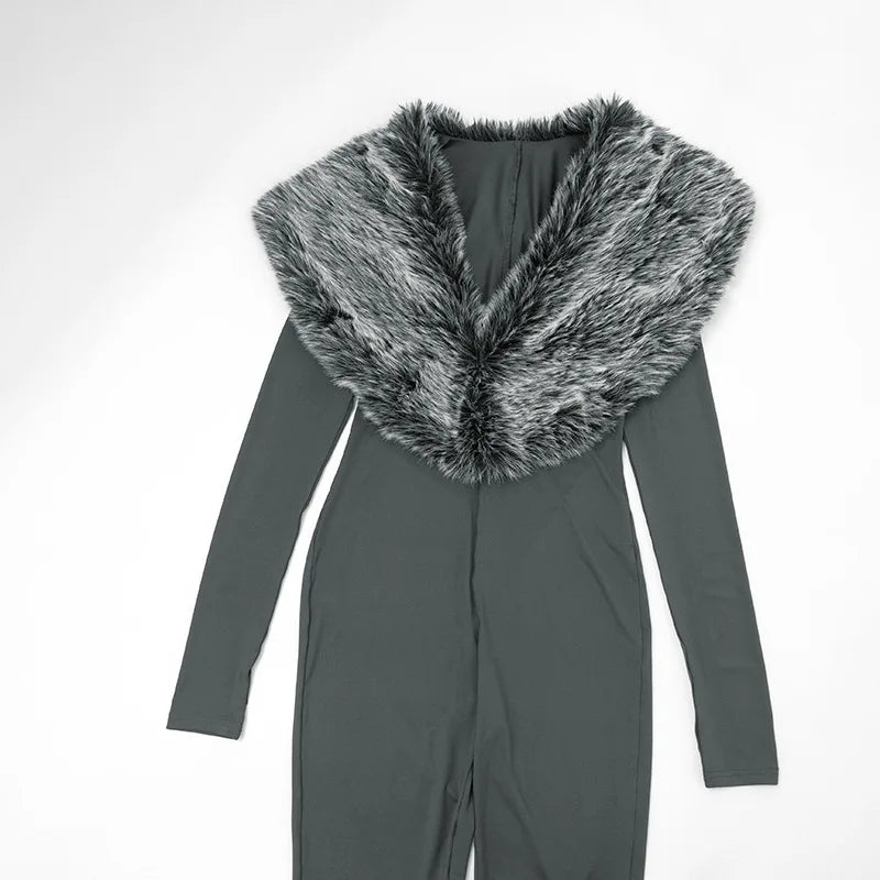 Faux Fur Collar Bodycon Jumpsuit - Slim Fit Cut-Out Streetwear Romper