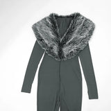Faux Fur Collar Bodycon Jumpsuit - Slim Fit Cut-Out Streetwear Romper